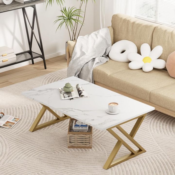 Coffee Table Living Room Table White Center Table, Simple Modern Faux Marble Rectangular Tea Table with Sturdy Gold-Finished Metal Frame,Industrial Wooden Coffee Table for Bedroom Home Office Visit the Wolawu Store