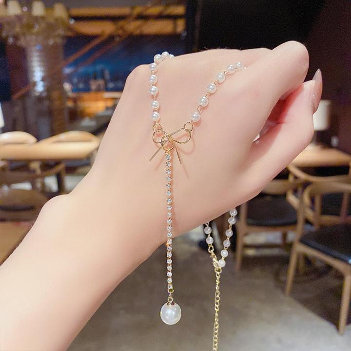 Korean Jewellery Trendy Crystal Choker Necklaces Pearls Pendants Long Bow for Women Girls For Friend