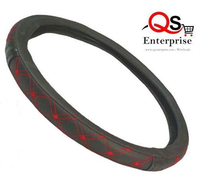 Leather Car Steering Wheel Cover Black with Red Line Confortable For During Driving Car - High Quality Product By QS