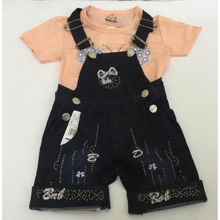 Stylish Denim Rompers/Dangri Dress Set With Shirt for Baby Girls