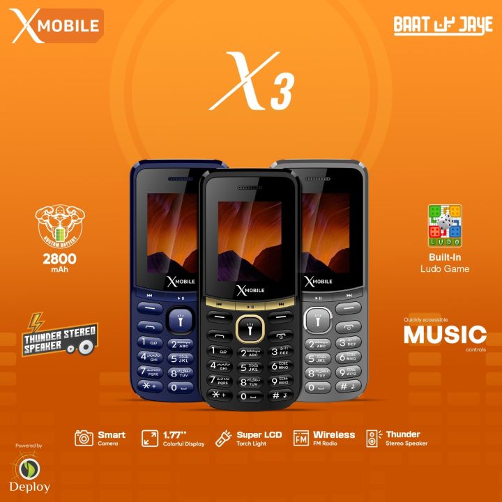 XMobile X3 - Dual Sim - 2800mAH Battery - Dedicated Music Keys - 1.8 Inch Display - Smart Camera - Auto call recording - Wireless FM Radio - Power LED Torch Light - Audio & Video player - PTA Approved - Memory card supported upto 32GB
