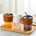 Glass Tumbler with Straw, Lid & Leather Sleeve, Masson Jars Slub Glass Reusable Eco Friendly Glass Coffee Mug Tea Mug Tumbler. 