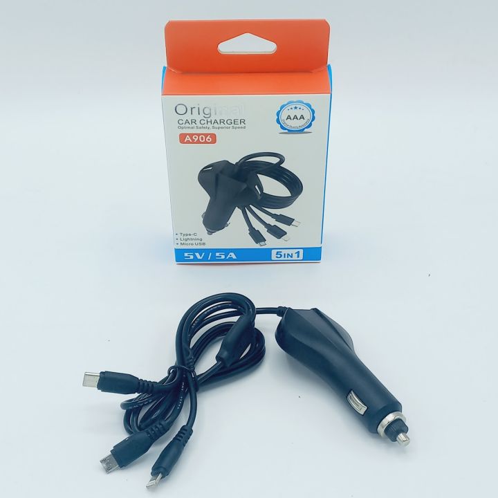 5 in 1 Car Charger 5V/5A Type C, Micro USB, Iphone Lightning Cable