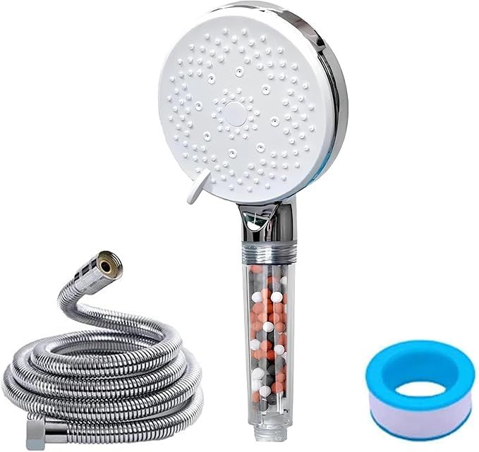 DANEEN High Pressure Shower Head Sprayer with Filtration System, Teflon Tape (Jet, Rainfall and Massage), Reduce Hair Loss, Boost Skin, Filter, Purify and Save Water (5 Function with 1.5m Hose)