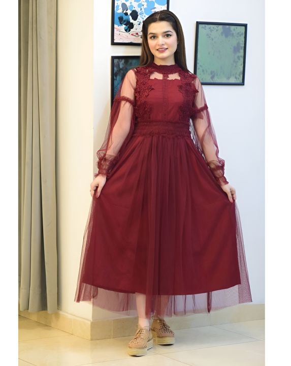 Star Garnet Fine Net Fancy Maxi For Girls/Ladies Ax-107 - Stay Elegant With A Garnet Maroon Maxi