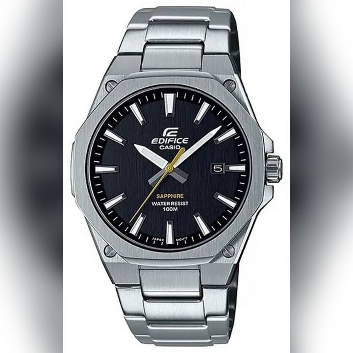 Casio Edifice Mens Steel Slimline Black Date Dial Silver Steel Band Watch-EFR-S108D-1AVUDF