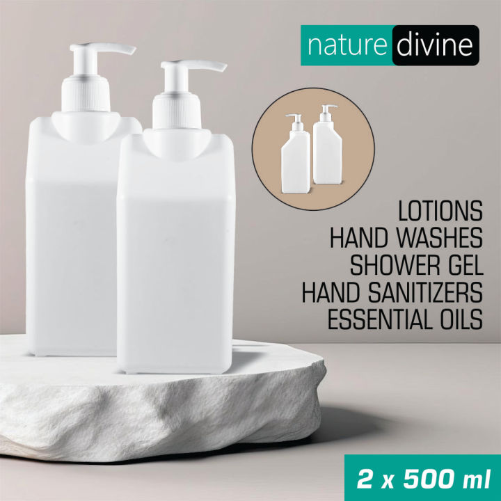 Pack of 2 Nature Divine Refillable HDPE Milky White Empty Plastic Dispenser Container Bottle with Pump 500 ml