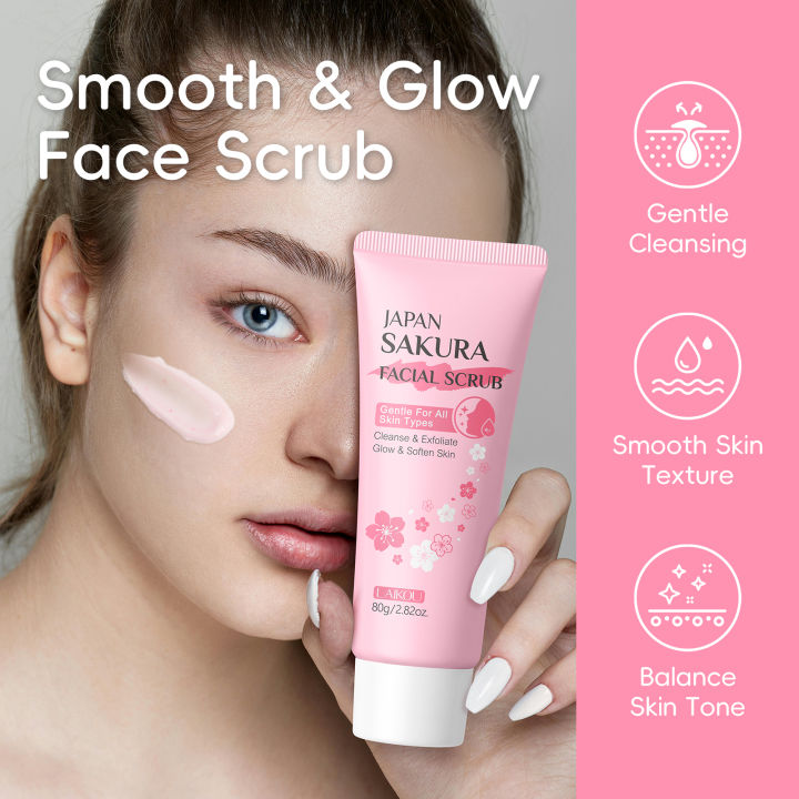 LAIKOU Japan Sakura Facial Scrub Cleanse & Exfoliate Dead Skin Soften Glow Skin Radiance 80g