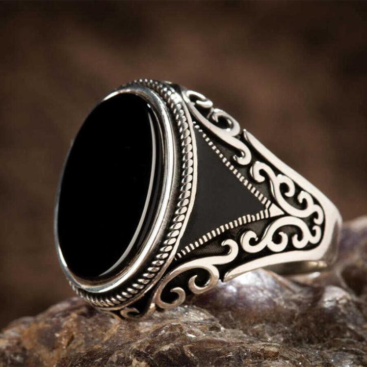 2023 New Handmade Turkish Ring For Men Vintage Eagle Pattern Black Zircon Rings Punk Trendy Islamic Religious Muslim Jewelry