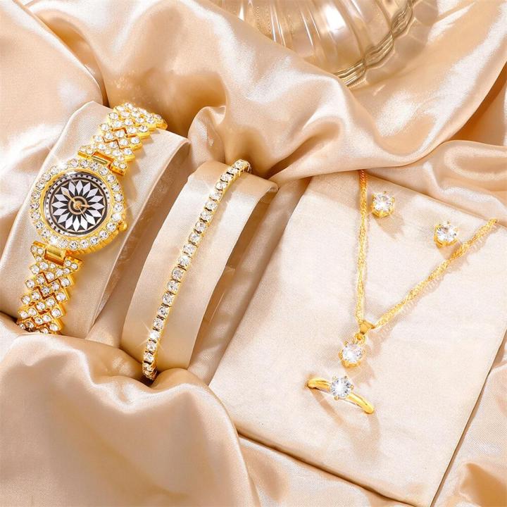 LooKeo Mall 6PCS Set Women Business Watch Ring Necklace Earrings Rhinestone Fashion Watches Female Casual Ladies Watches Bracelet Set Clock