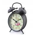 Big Size Retro Vintage Bedside Twin Bell Alarm Clock With Loud Alarm And Nightlight (Black Case - Roses). 