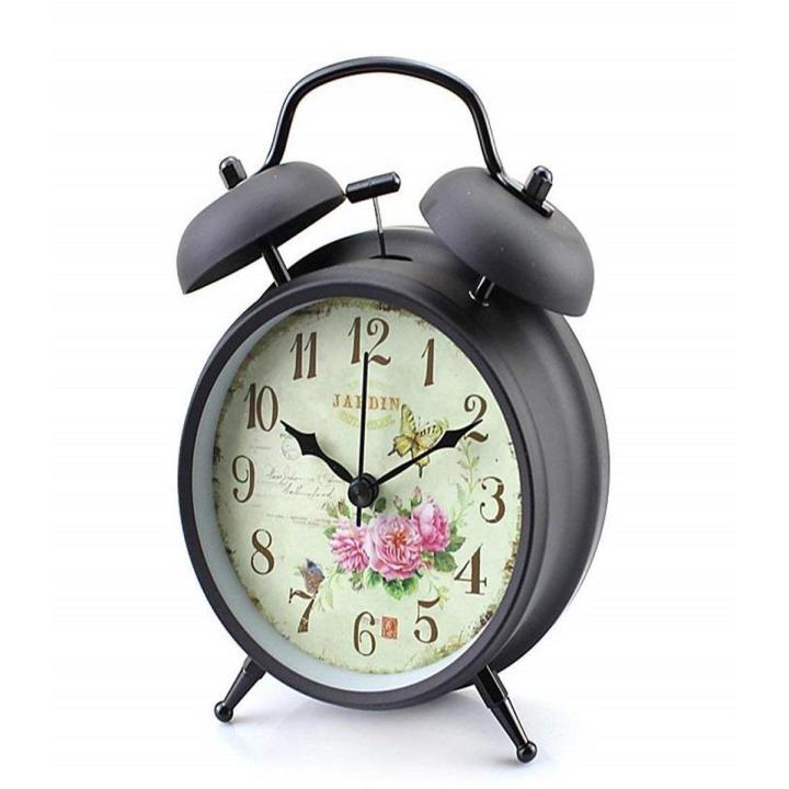 Big Size Retro Vintage Bedside Twin Bell Alarm Clock With Loud Alarm And Nightlight (Black Case - Roses)