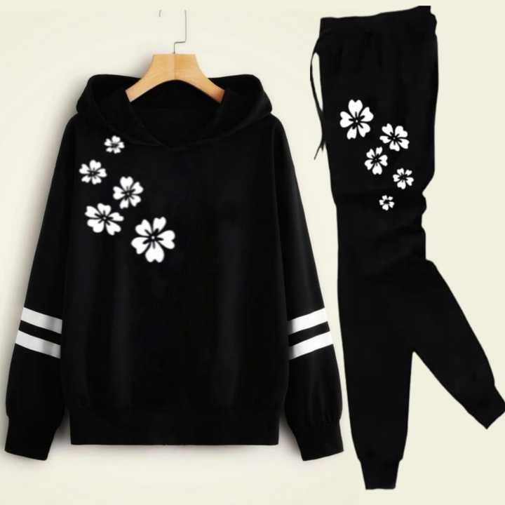 Black Double Stripe Printed Winter Tracksuit For Girls & Womens - Soft & Comfy Hoodies For Girls