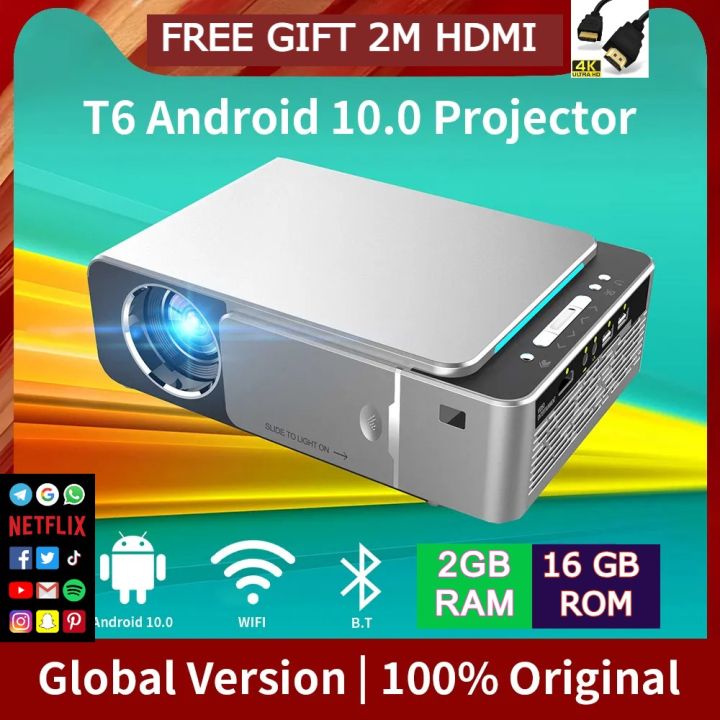 2024 New T6 2GB RAM 16GB ROM LED Projector Support 4K Android 10.0 WIFI Movie Game USB 1080P Portable Cinemaa Beamer USB /HDMI/AUX/AV/
