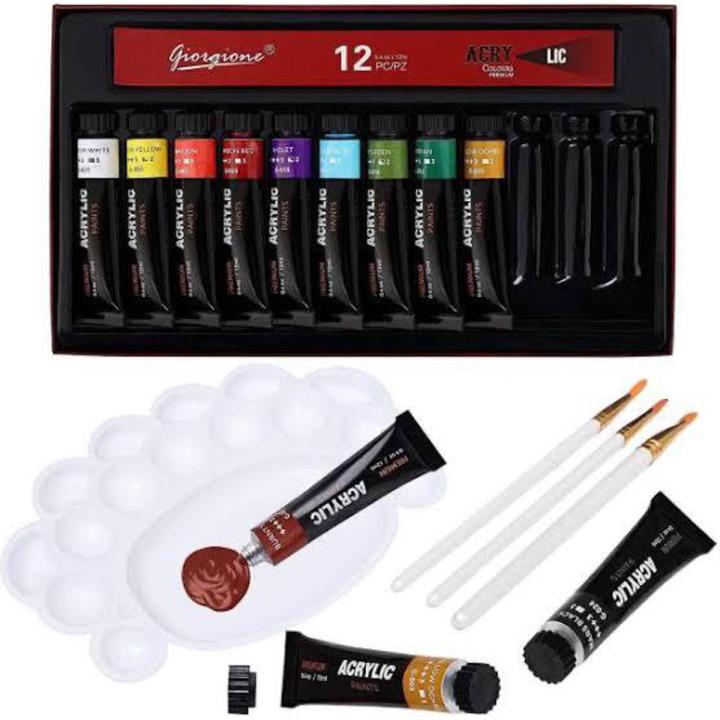 Acrylic Paint Set 12 GIORGIONE Colours (Each tube 12ml)  Art for Canvas , Wood , Ceramics and Fabrics - Craft Supplies - Beginners or Professional Artists Grade Rich Pigment Non Toxic Paint