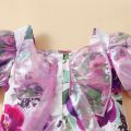 2 Pieces Girls Suit Set, Floral Print Short Puff Sleeve Ruffle Tops+ Solid Color Shorts, 6 Months-3 Years, Purple. 
