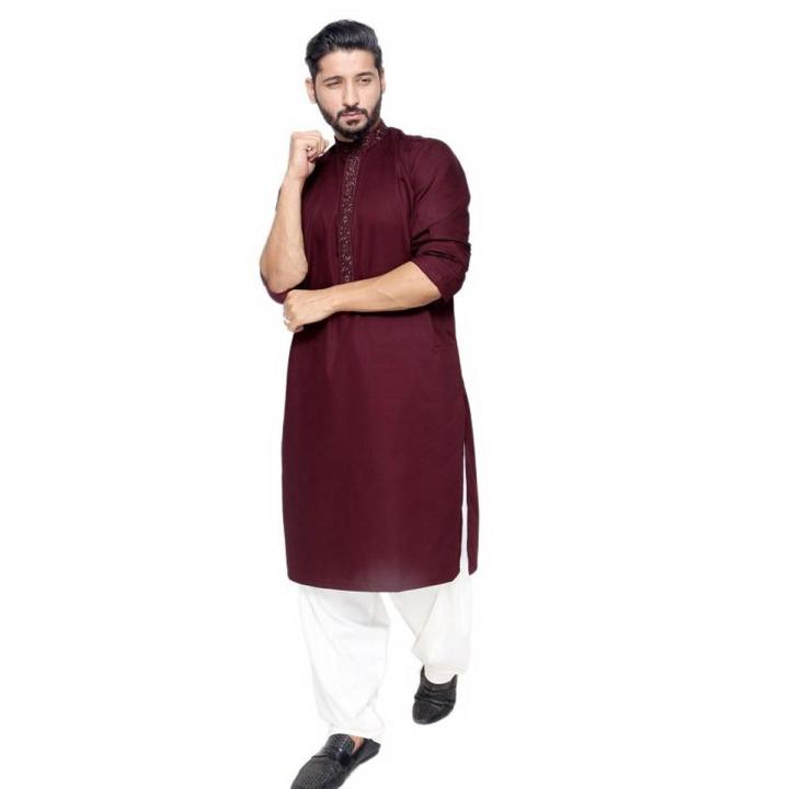 Maroon Cotton Embroidered Kurta For Men