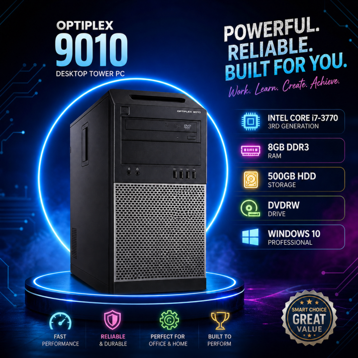 Optiplex 9010 Desktop Tower PC - Intel Core i7-3770 3rd gen 8GB 500GB DVDRW Windows 10 Professional