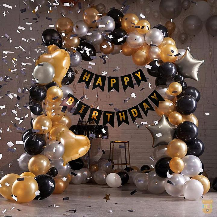 Amazing Happy Birthday Theme Set 1 Pcs Black Banner 30 Pcs Balloons 2 Foil Star 2 Foil Heart Happy Birthday Decoration Set