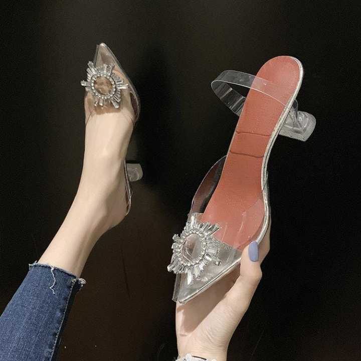 Cinderella Silver Transparent Buckled Heels - 3 Inch Rhinestone Sandals for Women & Girls, Pointed Toe