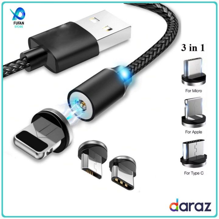 Magnetic Cable 3 in 1 Fast Charging Cable-Micro USB Charger-Iphone Charger - Type C Charger - Type C Connectore  Pins Fast Charger For All Mobiles - Magnetic Charging Cable Micro USB Type C & iOS - 3A Fast Charging-360 Degree LED Indication-multi colours