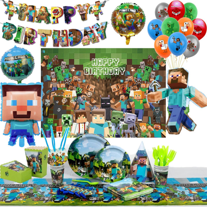 Minecraft Balloon Pixel Game Theme Birthday Banner Party Decoration Disposable Tableware Cake Topper Supplies Creeper TNT Toy