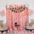 Rose gold Birthday Decoration Kit Pack of 27 Pcs Happy Birthday Banner, Star Shape, Metallic Rubber Balloon and Frill Curtain - Decoration for Birthday items for Wife, Girls, Husband. 