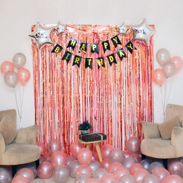 Rose gold Birthday Decoration Kit Pack of 27 Pcs Happy Birthday Banner, Star Shape, Metallic Rubber Balloon and Frill Curtain - Decoration for Birthday items for Wife, Girls, Husband