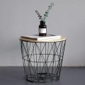 METAL WIRE REMOVABLE WOOD TOP FOLDABLE ROUND COFFEE SIDE TABLE STORAGE BASKET ONE PICE. 