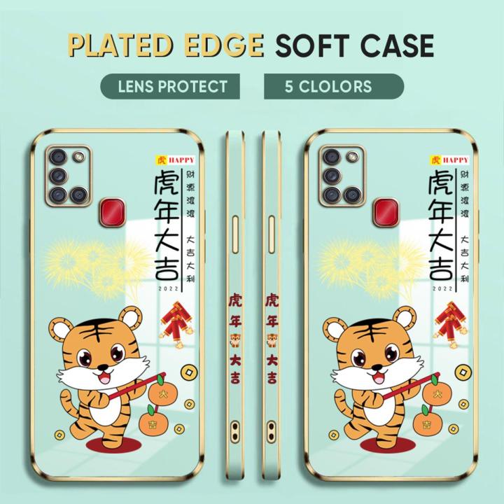 (Free Lanyard) Luxury 6D Plating Case for Samsung A21S Back Cover Spring Festival Year of the Tiger Side Pattern Soft Silicone Square Phone Cases