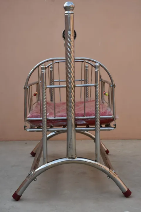 New%20Born%20Baby%20Silver%20Chrome%20Baby%20Swinging%20Cradle%20with%20Soft%20Mattress%20Bed%20-%20Image%203