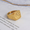 Fashion Unisex Championship Ring Chic Stainless Steel 18k PVD Gold Plated Square Signet Hammered Rings for Women Men. 