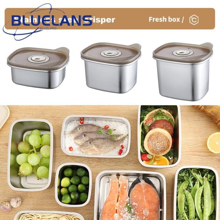 Food Container with Transparent Lid 304 Stainless Steel Refrigerator Storage Box with Airtight Lid Large Capacity Fridge Organizer for Vegetables Fruits Dishwasher Safe Food Container Refrigerator