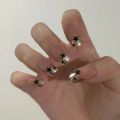 24pcs Purple Nails Long Coffin Sweet Cool Ins Style Nail Art Black Star Design Press On Nail Tips Full Cover Finished Nails. 