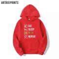 Trendy EAT SLEEP REPEAT LOGO TAGLINE Tag Print Full sleeves Kangaroo Hoodie Pocket Drawstring Casual Pullover Hodie Clothing Long Sleeves Export Quality Huddie Winter Wear Smart Fit Hoody For Men Boys. 