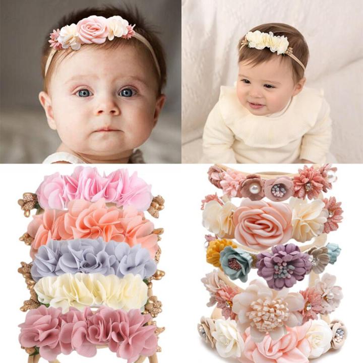 【HOT】 Baby Girl Headband Chiffon Flower Nylon Elastic Hair Band Newborn Head Flower Toddler Headband Fashion Wreath Hair Accessories