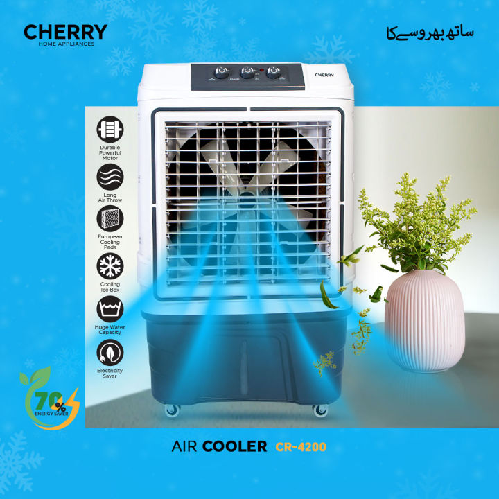 Cherry Air Cooler CR-4200 , DC-12V 70% Energy Saver Large Size , Plus Fast Cool , 90 Liters , Auto Swing and Turbo Cooling Technology , 4 Way Movable , Ice Box Technology , 1 Year Warranty , Works Only DC Battery , Solar & DC 12V Power Supplies