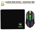 RGB Gaming Mouse With Mousepad - 7 Light Breathing Colours In Mouse & Red Medium Size Mouse Pad All Sides Stitched - USB Wired Gaming Mouse For PC & Laptop - No Side Button - Black & White. 
