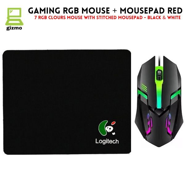 RGB Gaming Mouse With Mousepad - 7 Light Breathing Colours In Mouse & Red Medium Size Mouse Pad All Sides Stitched - USB Wired Gaming Mouse For PC & Laptop - No Side Button - Black & White