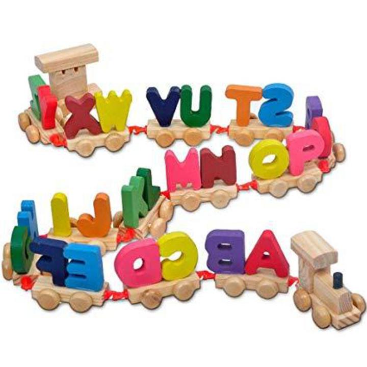 Wooden Alphabet Train Sets, 26 Letters Train Cars A-Z Alphabets Set - Toy Train Sets For Kids Toddler Boys And Girls -