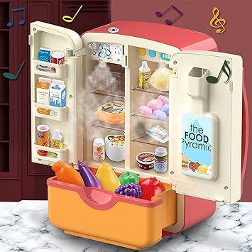 Mini Dollhouse Fridge Miniature Refrigerator Mini Fridge with Toy Food, Lights, Music and Toy Fruits - Realistic Kitchen Appliances for Pretend Play (Mini Refrigerator),Mini Toy Refrigerator with Light and Sound for Children