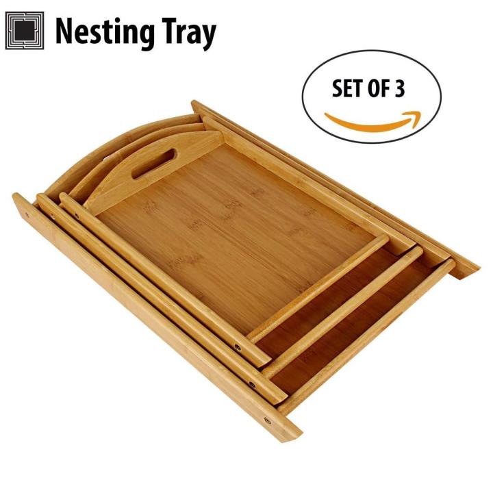 Premium Quality Set of 3 Bamboo Wooden Multipurpose Tray for Serving Food, Breakfast, Refreshment etc. (Set of 3 Different Sized Trays)