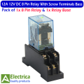 1 pair of 8 Pin 12V DC 12A Coil Relay and PTF08A Screw Terminals Base  12V DC Contact DPDT General Purpose Relay 8 pins double pole double through relay by Electrica. 