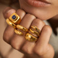 Jewelry Wholesale 18K Gold Plated Irregular Wrinkle Lava Stainless Steel Open Rings for Women Statement Rings. 