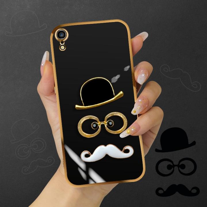 SUNAUDE Case For iPhone XR Classic Fashion Simple Black Hat Glasses Mr. Beard Patch Phone Case Lens All Inclusive Plating TPU Silicone Soft Case Anti falling Wear resistant Anti slip Boy Girl Couple Gift Box Phone Back Cover Cover