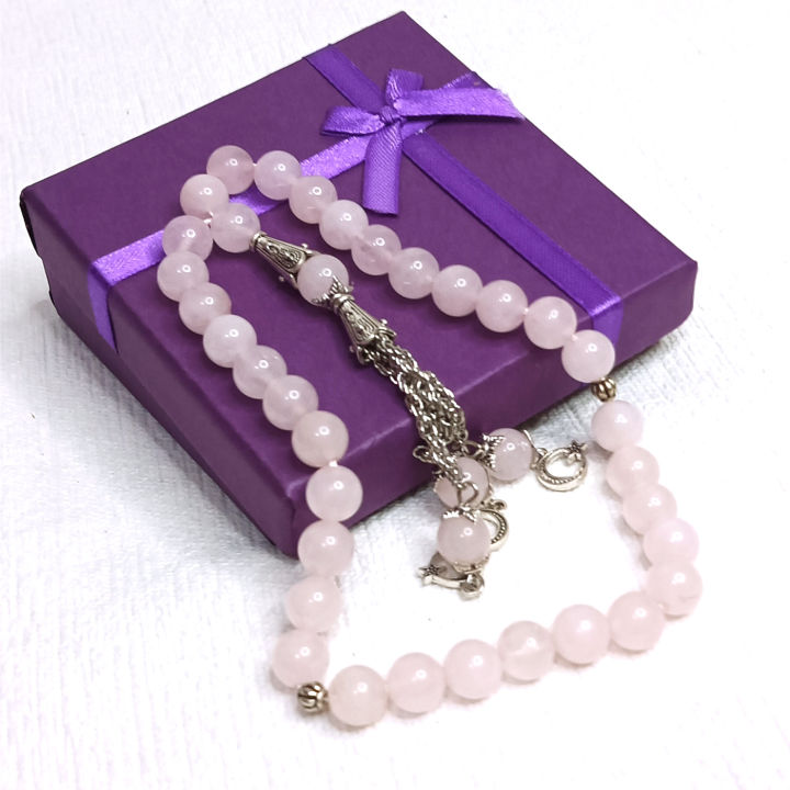 Natural Rose Quartz Stone Tasbih 33 beads Muslim women men rosary | Islamic Prayer tasbeeh with Metal fancy Chain & Gift Box