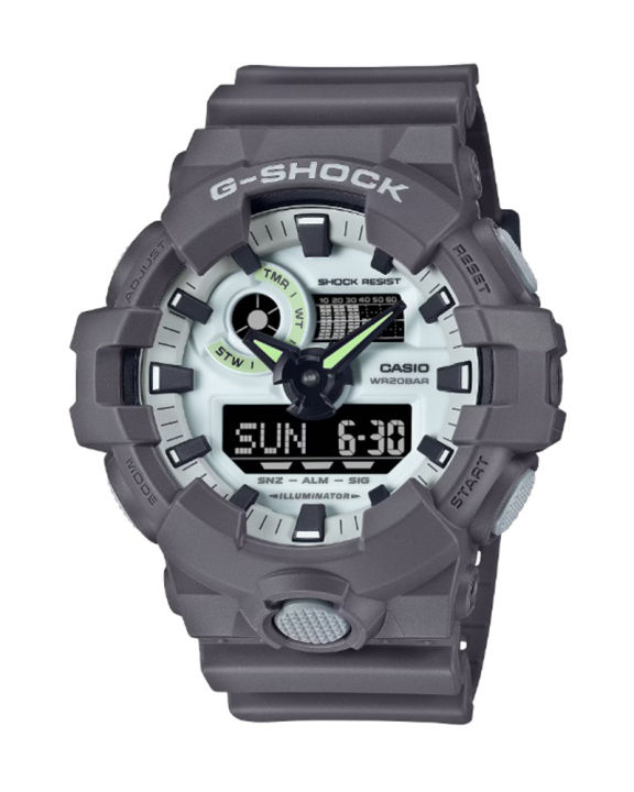 Casio G Shock GA-700 Series Mens Round Analog-Digital Grey Resin Case World Time, Stop Watch, 5 daily Alarm, LED Backlight (Super Illuminator), Hourly Time Signal, Full Auto Calendar, Multi-Functions Grey Resin Band Watch-GA-700HD-8ADR