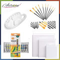 15 Pcs/Set Value Pack For Artist - Canvases, Acrylic Paints, Multi Shape Brushes and 10 Wells Palette. 