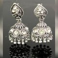 Silver Indian Style Medium Jhumkay With White Stones For Her. 