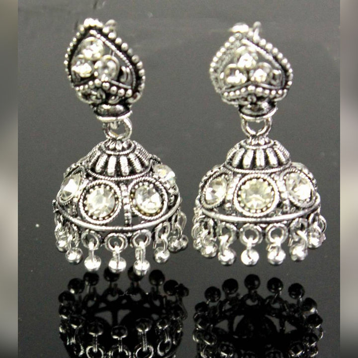Silver Indian Style Medium Jhumkay With White Stones For Her